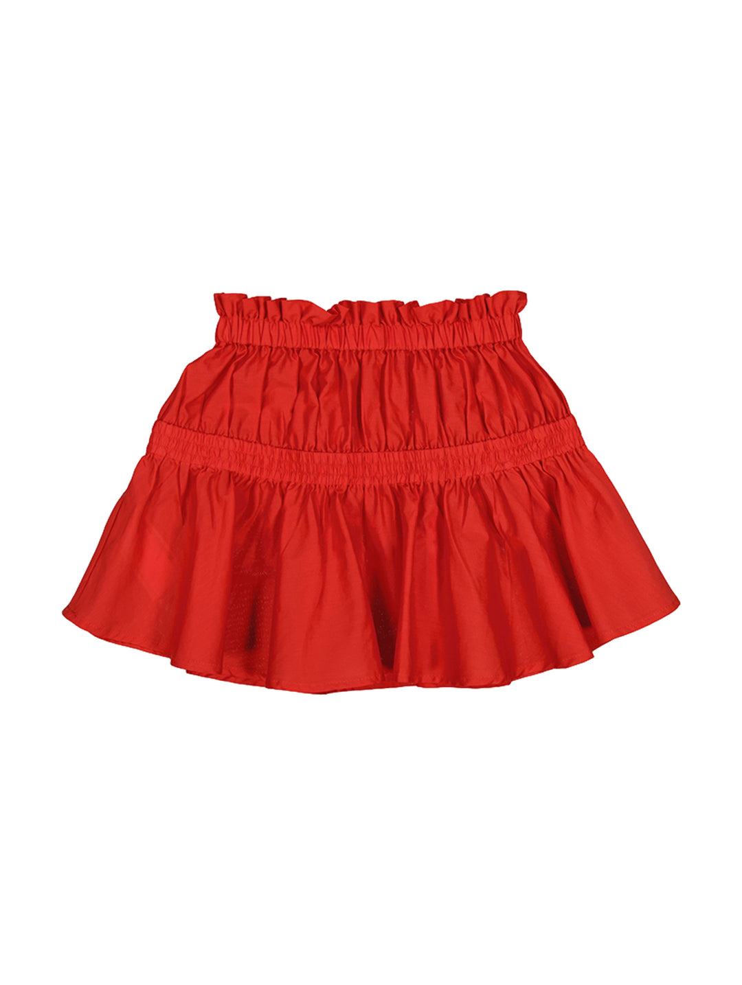 Falda corta de color rojo granadina para niña con cintura elástica y diseño fruncido.