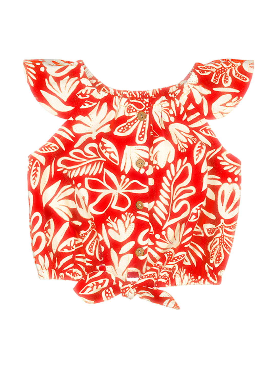 Blusa infantil color rojo granadina con estampado blanco, botones y nudo frontal.