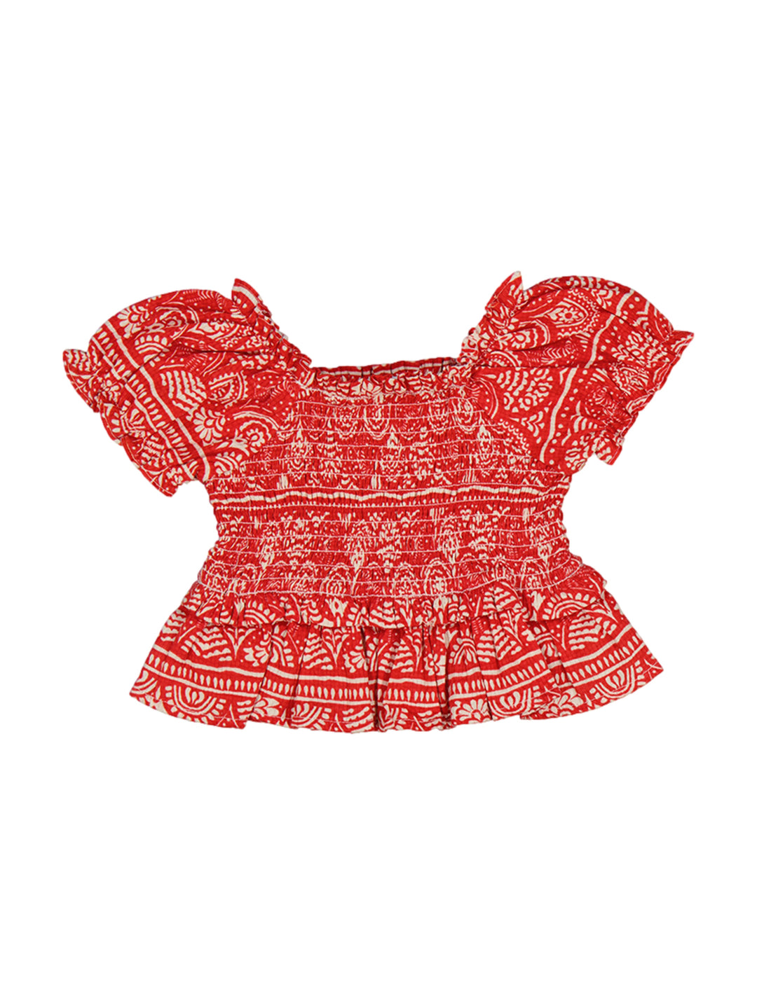Blusa roja para niña con estampado blanco, mangas con volantes y cintura elástica.