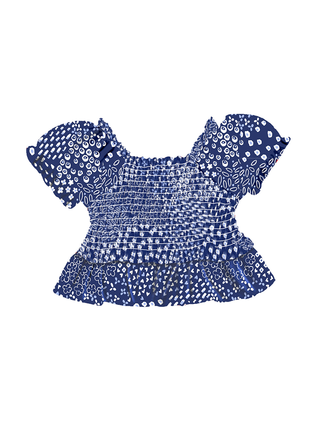 Blusa azul marino para niña con estampado blanco, cuerpo elástico y volantes en el bajo.
