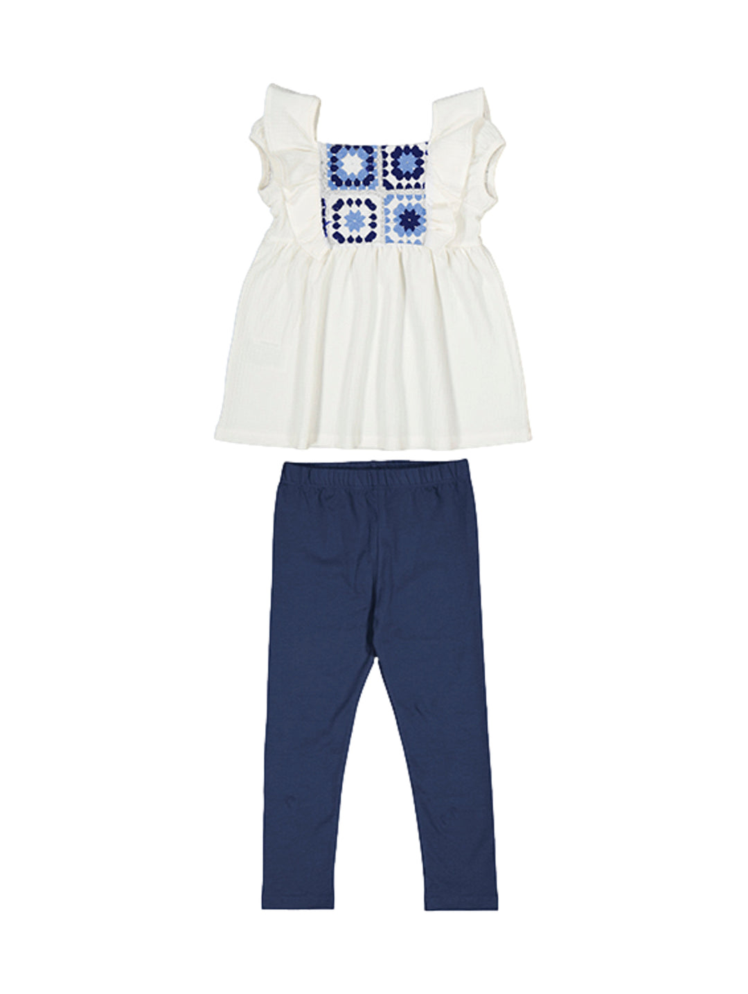 Conjunto para niña Mayoral compuesto por blusa blanca con detalle azul y leggings azul marino.