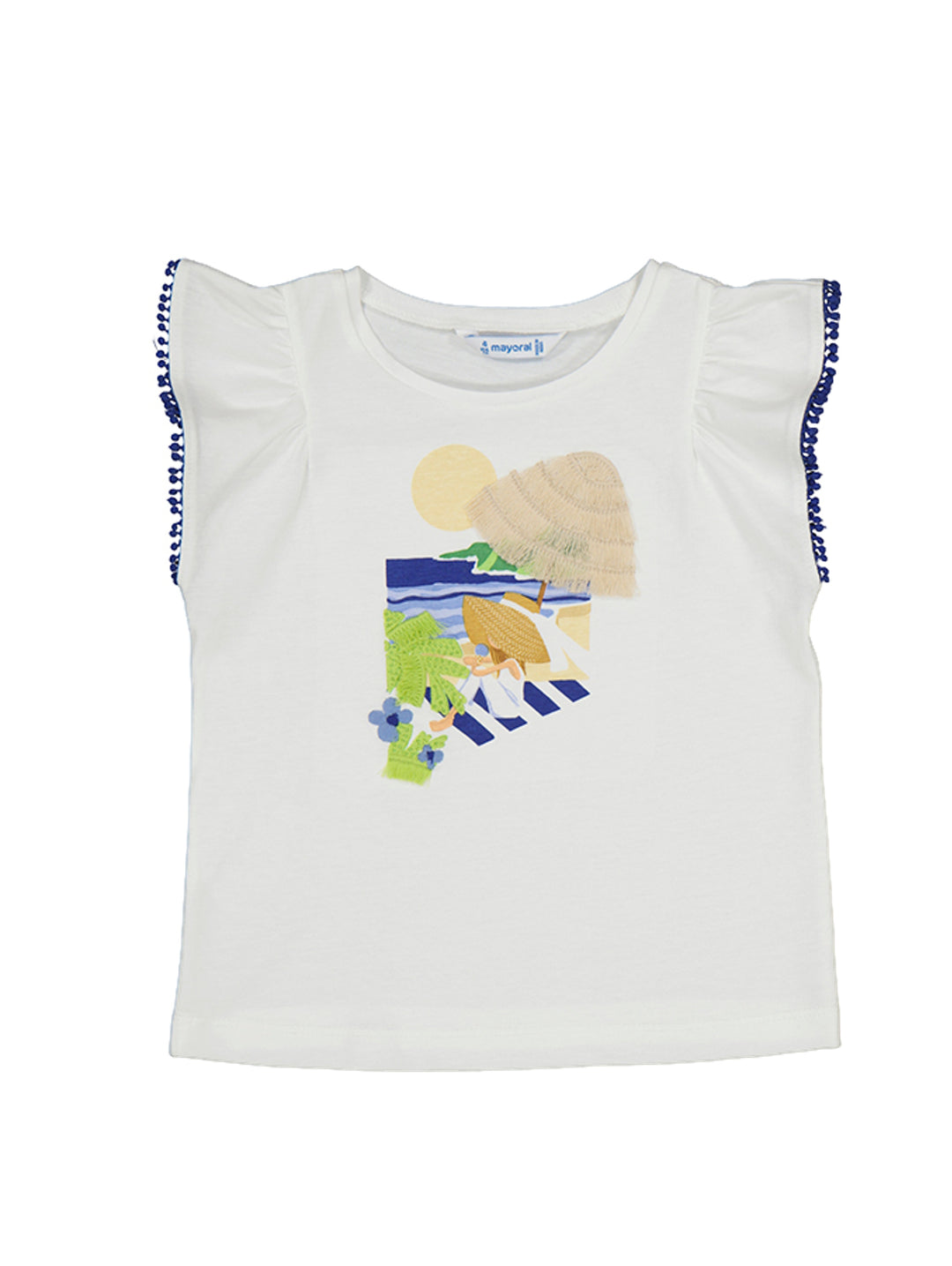 Camiseta blanca sin mangas para Niña con volantes azules y estampado gráfico colorido en el pecho.