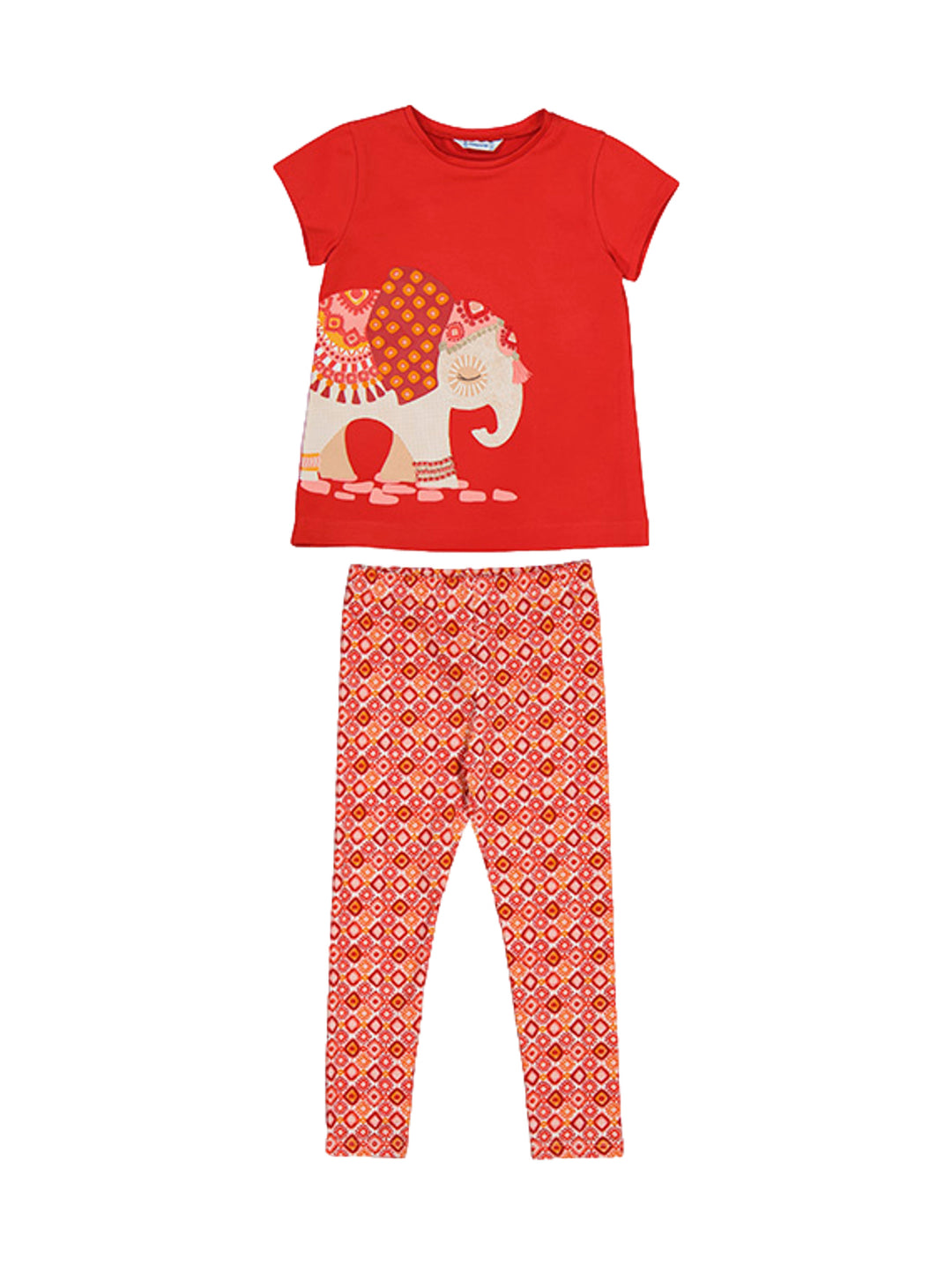 Conjunto para niña con camiseta roja con dibujo de elefante y leggings con estampado geométrico rojo y blanco.