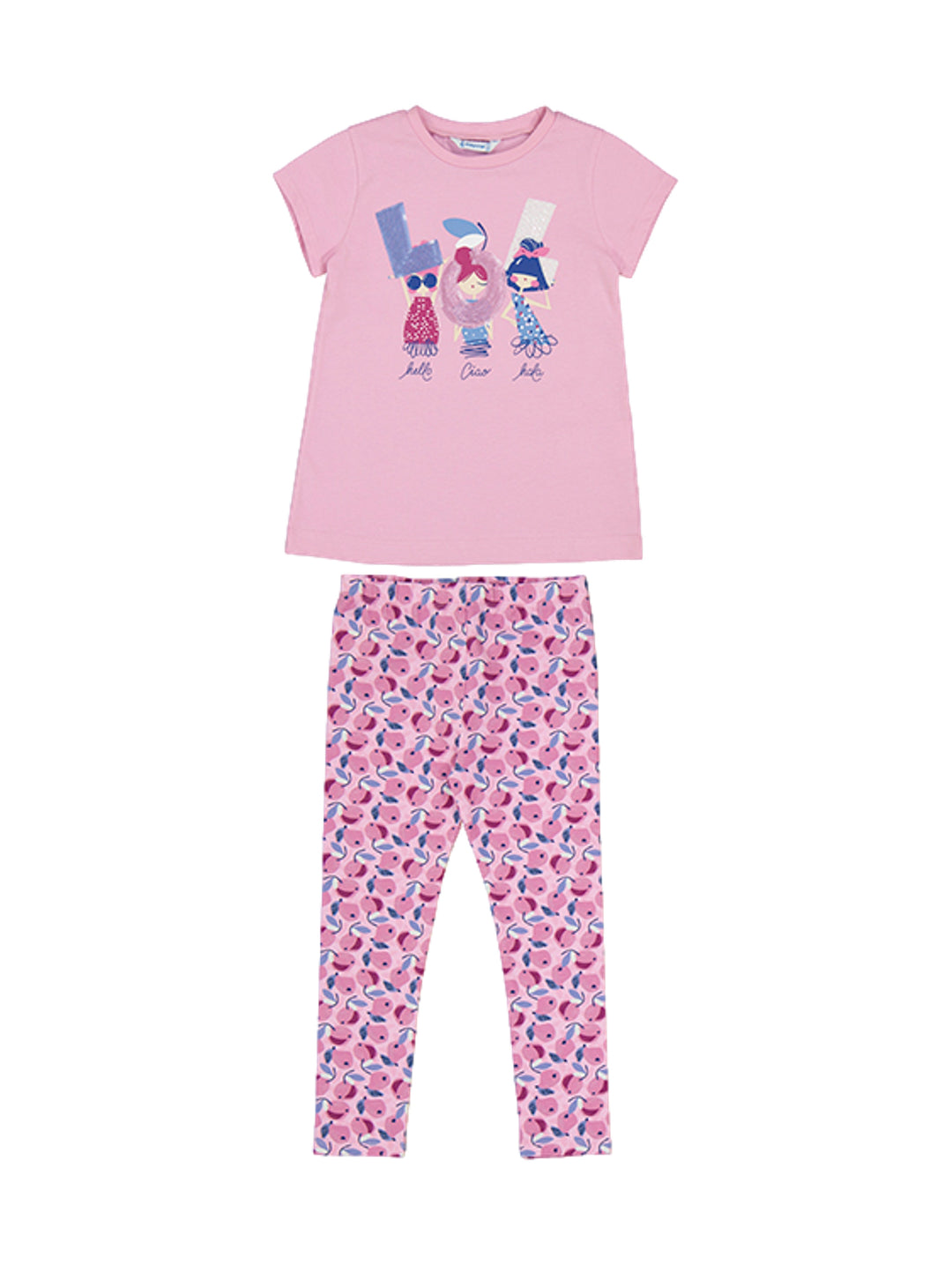 Conjunto de ropa para niña Mayoral con camiseta rosa y leggings estampados en tonos rosa y azul.