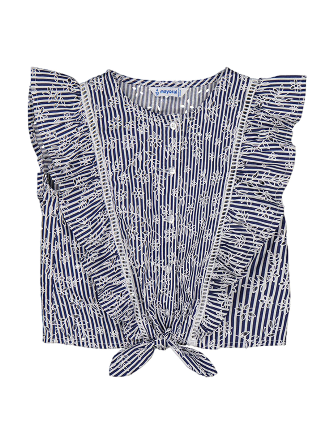 Blusa para niña Mayoral a rayas verticales color tinta y blanco con volantes en hombros y nudo frontal.
