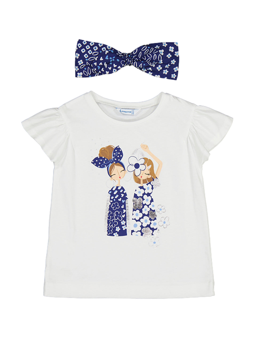 Conjunto de blusa blanca para niña con estampado frontal y diadema azul con flores.
