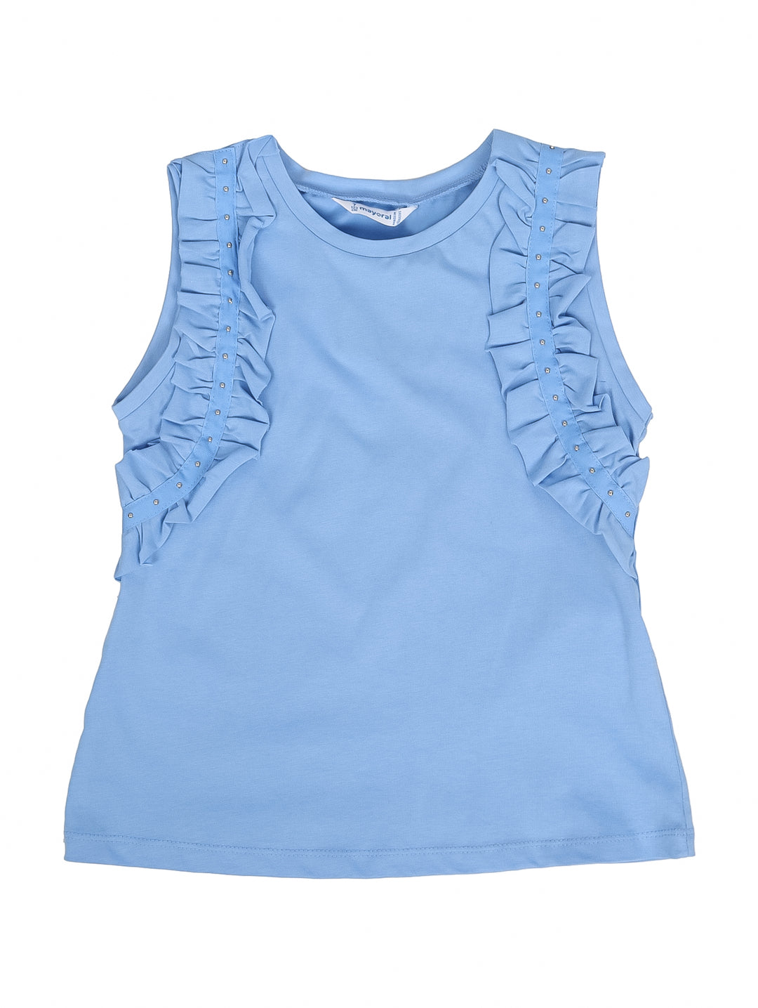Blusa color añil para niña, sin mangas y con detalles de volantes en los hombros.