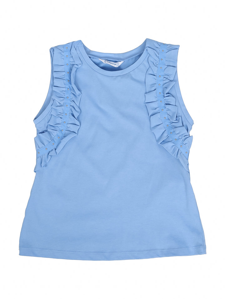 Blusa color añil para niña, sin mangas y con detalles de volantes en los hombros.