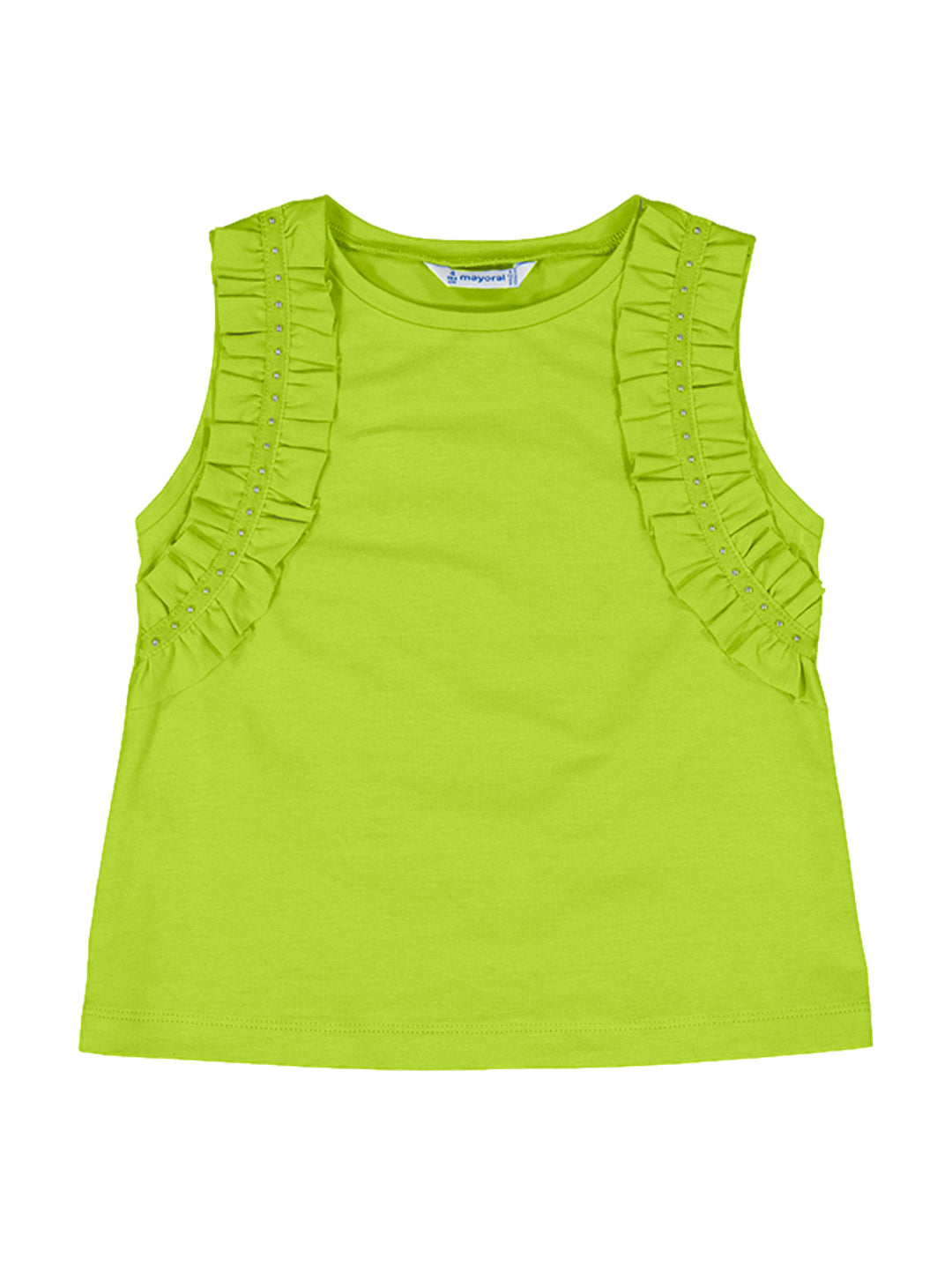 Blusa sin mangas color verde kiwi para niña con volantes y detalles metálicos en los hombros.