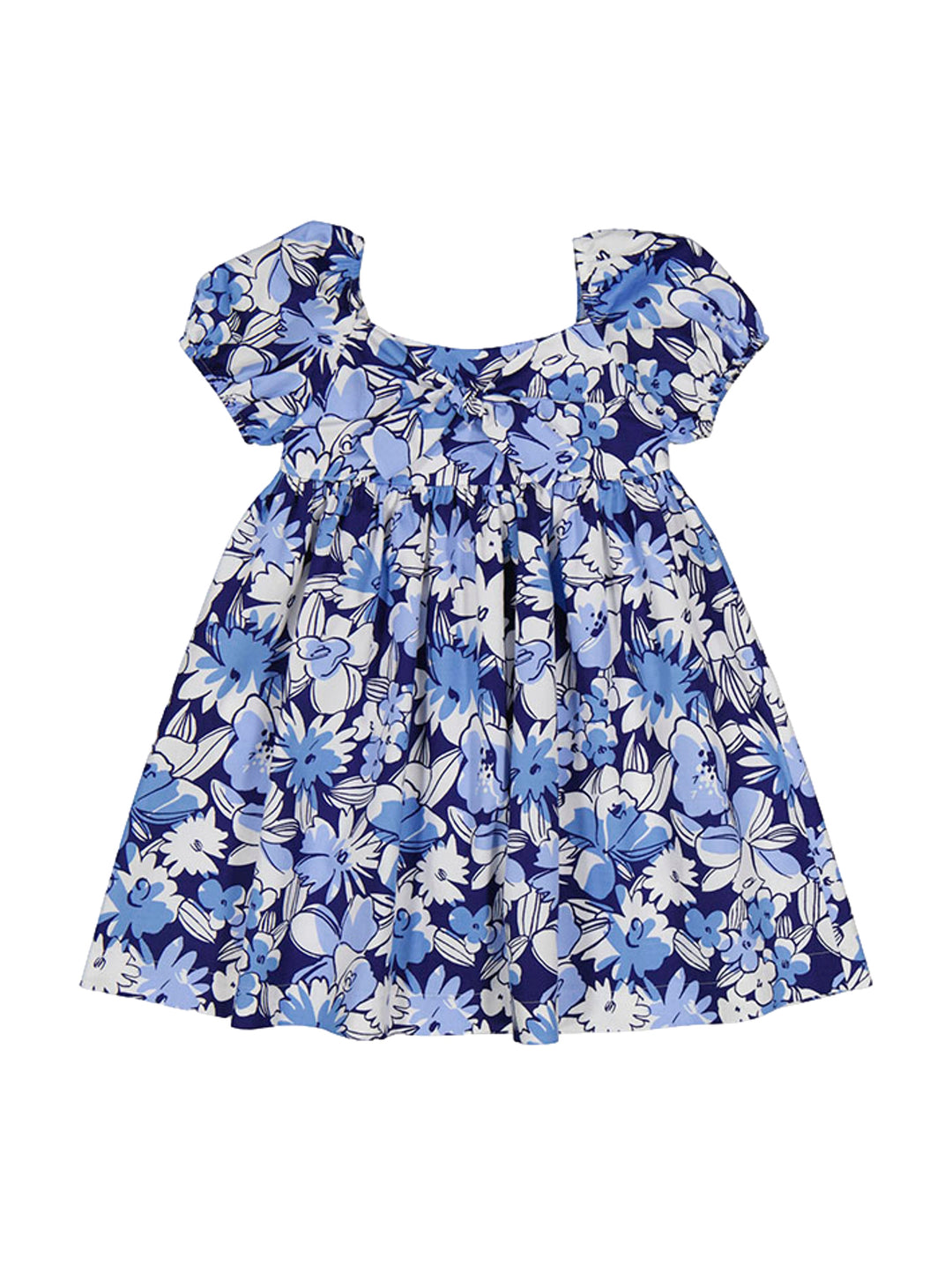 Vestido para niña con estampado floral en tonos azul y blanco.