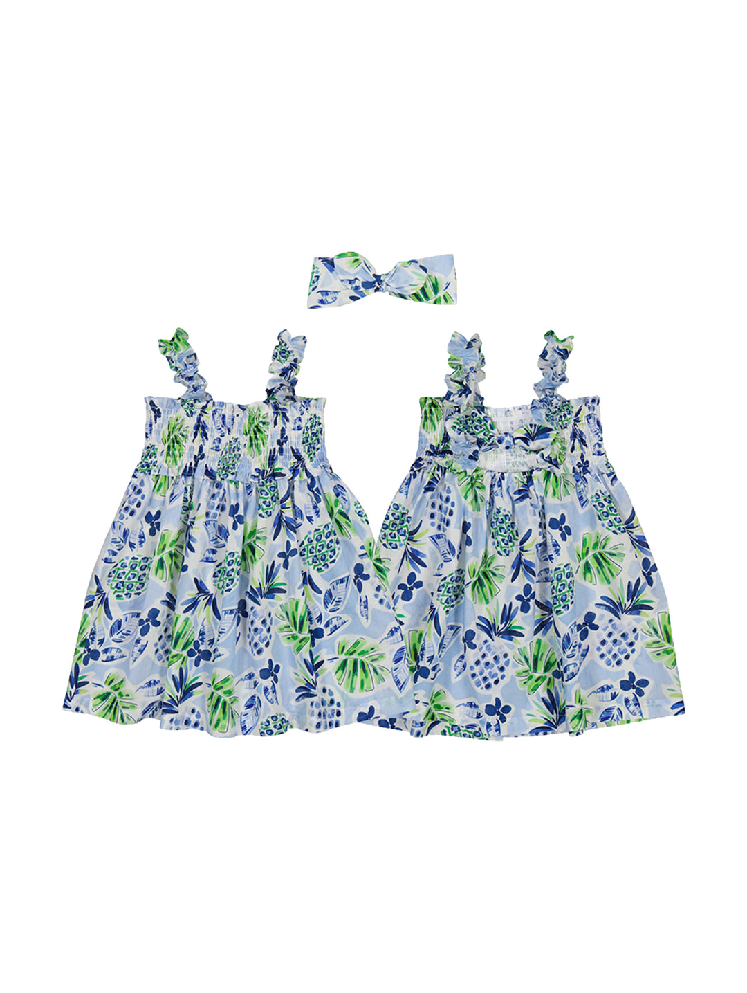 Set de vestido corto y diadema para niña en color añil con estampado tropical de hojas verdes y azules.