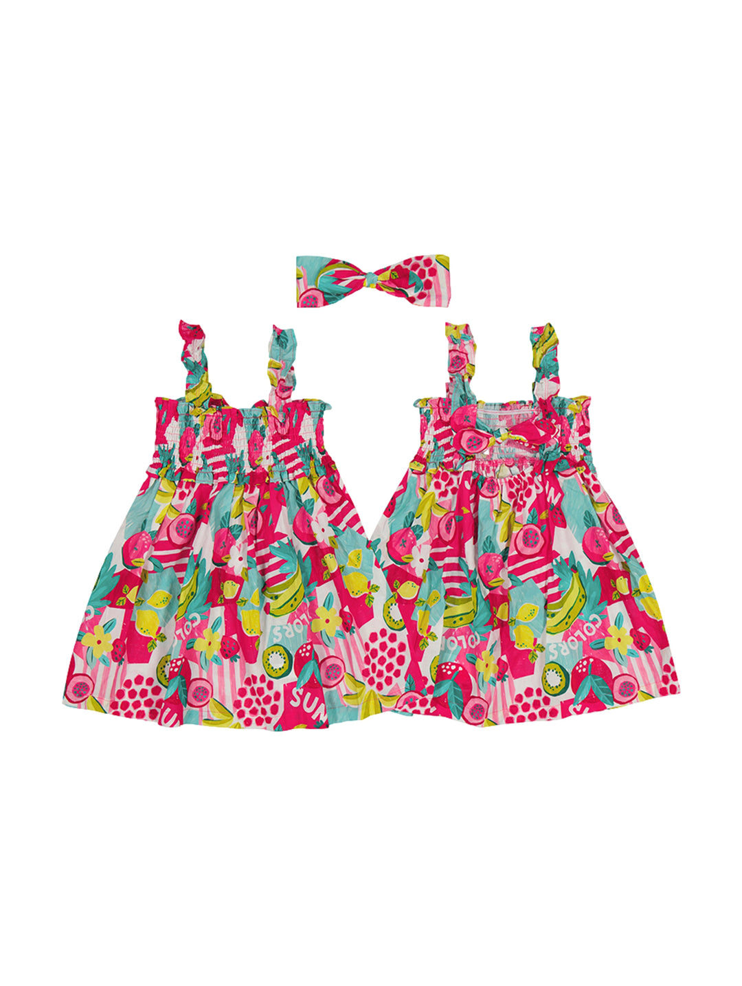 Vestido fucsia para niña con estampado multicolor y diadema a juego.