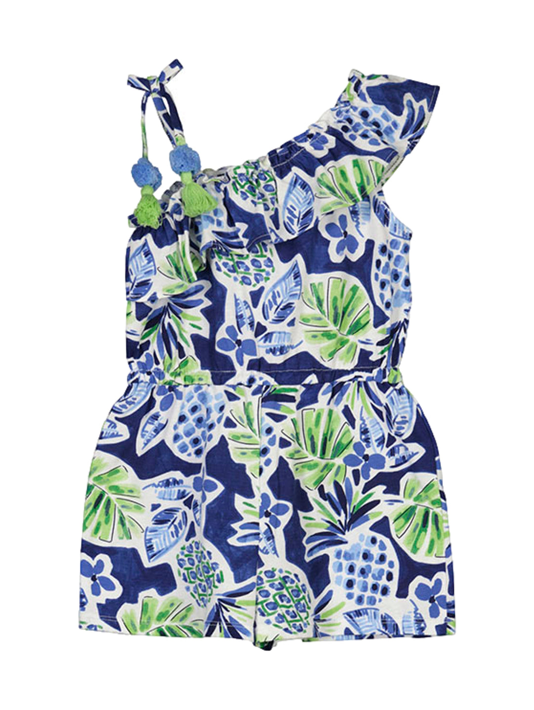 Mono para niña con estampado tropical en azul, blanco y verde, diseño de un solo hombro con borlas decorativas.