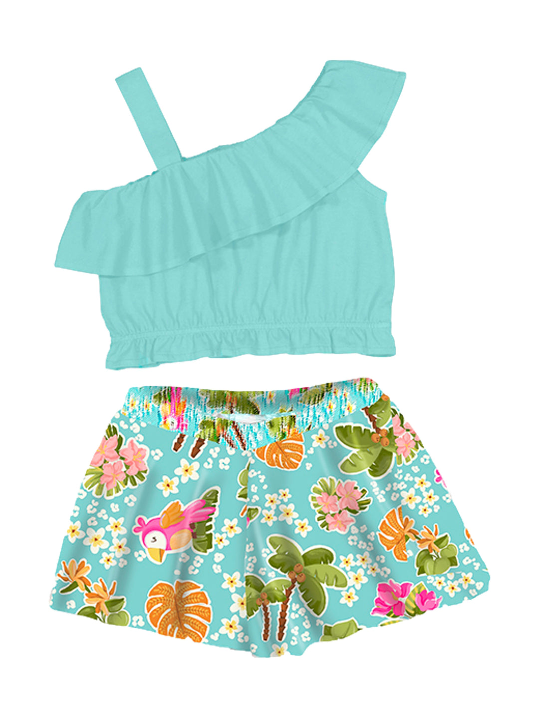 Conjunto para niña color jade con top de un hombro y shorts con estampado tropical.