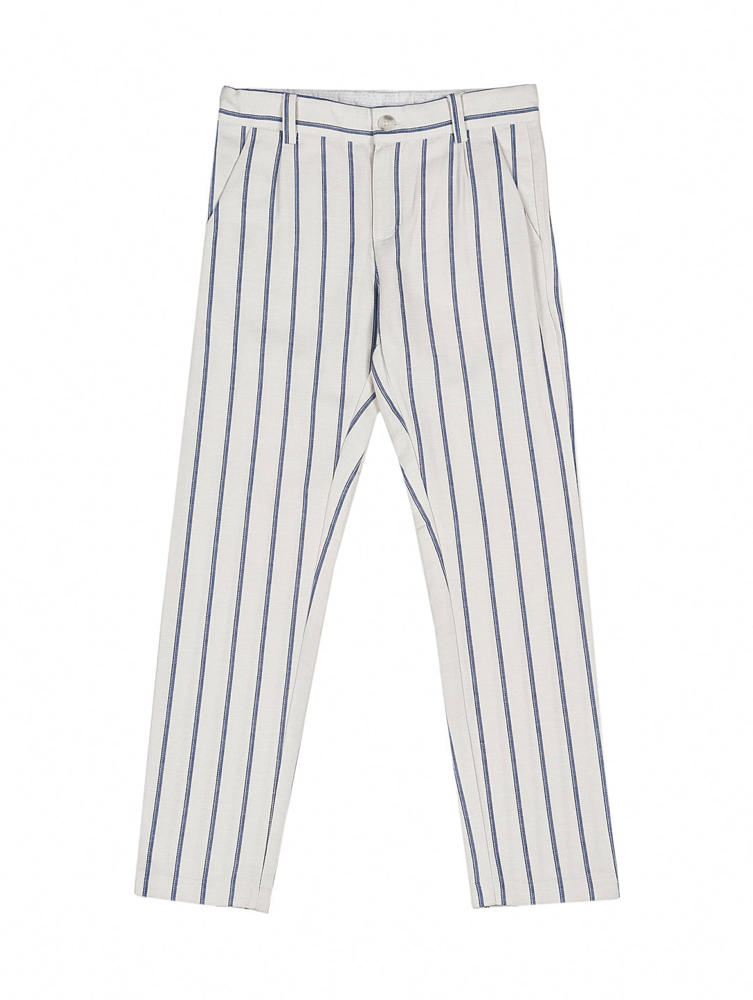Pantalón para niña color piedra con rayas verticales azules.