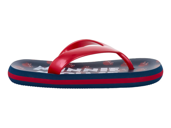 Sandalias tipo flip-flop en colores rojo y azul marino con estampado blanco en la plantilla.