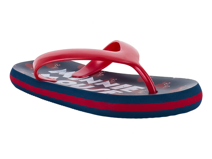 Sandalias tipo flip-flop en colores rojo y azul marino con estampado blanco en la plantilla.