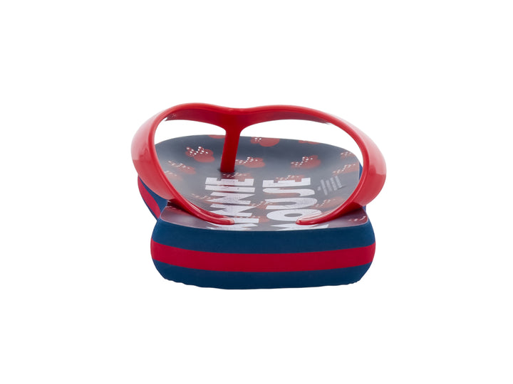 Sandalias tipo flip-flop en colores rojo y azul marino con estampado blanco en la plantilla.