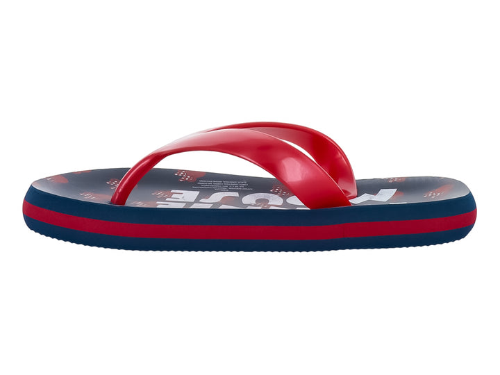 Sandalias tipo flip-flop en colores rojo y azul marino con estampado blanco en la plantilla.