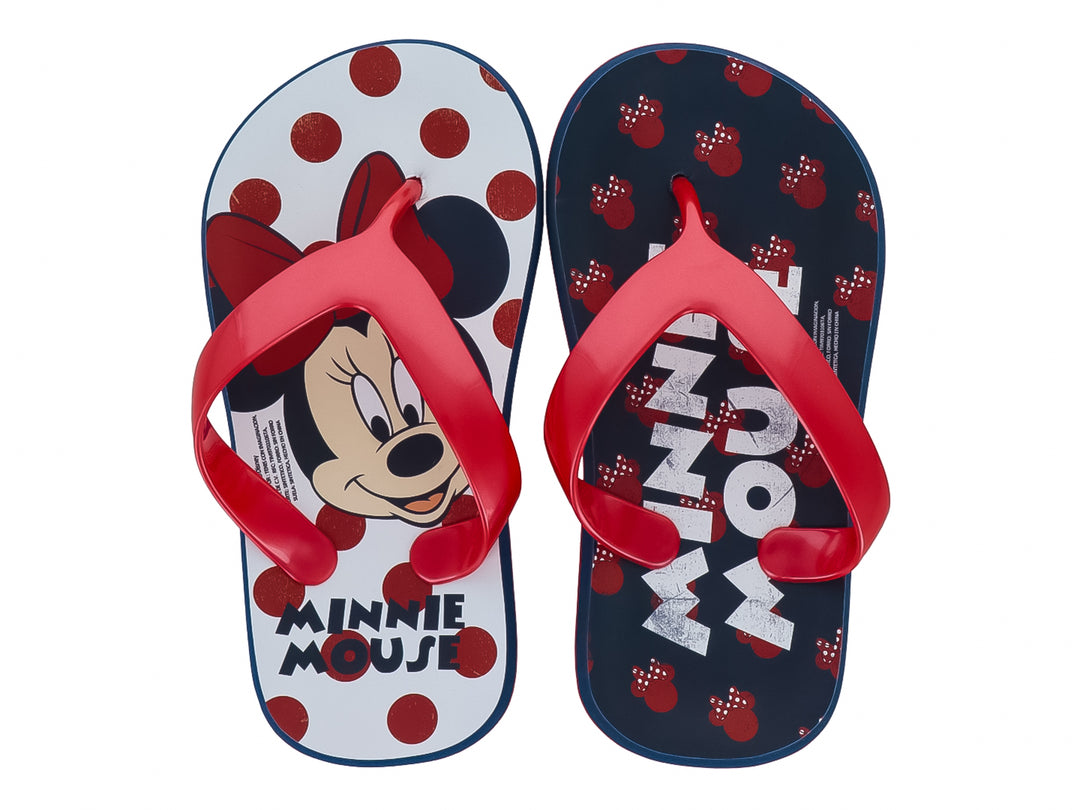 Sandalias tipo flip-flop en colores rojo y azul marino con estampado blanco en la plantilla.