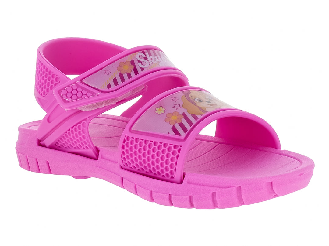 Sandalia rosa para niña con correas de velcro y suela gruesa dentada sobre fondo blanco.