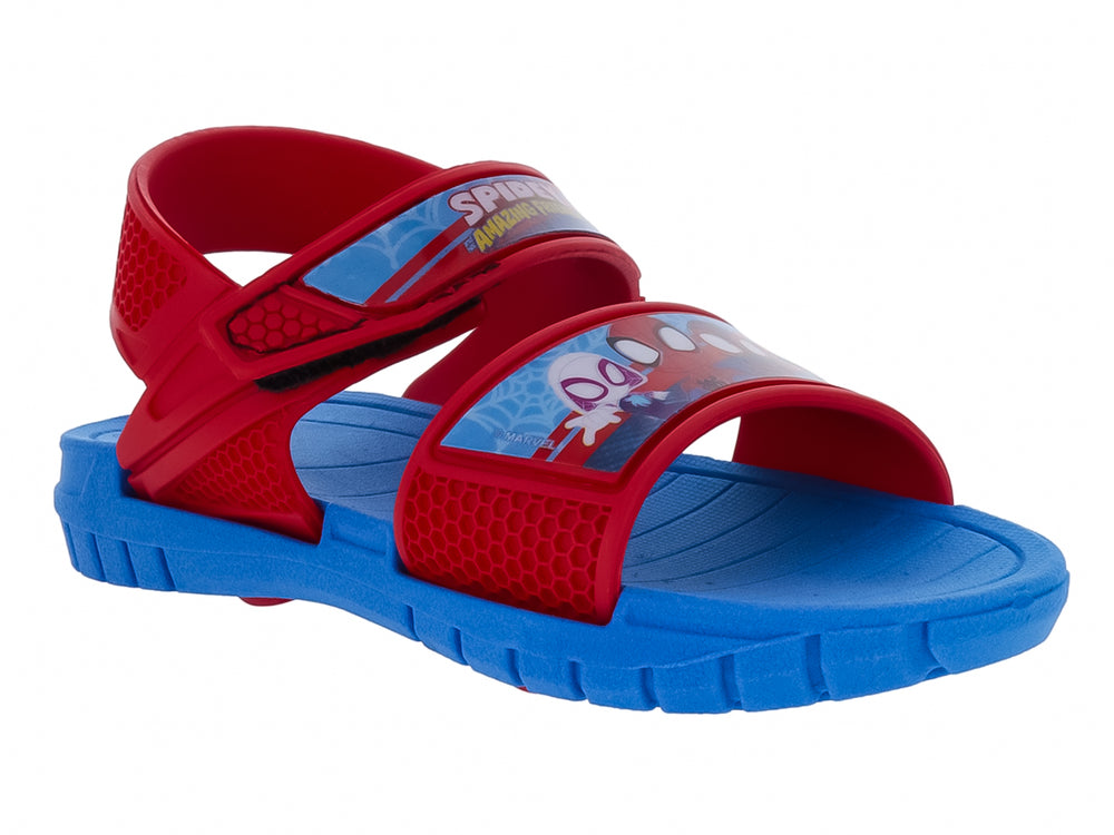 Sandalia infantil de plástico en colores azul y rojo con correas ajustables de velcro.