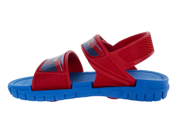 Sandalia infantil de plástico en colores azul y rojo con correas ajustables de velcro.