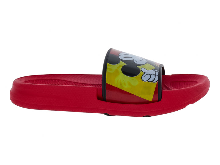 Sandalia roja tipo slide con estampado de Mickey Mouse en la banda.