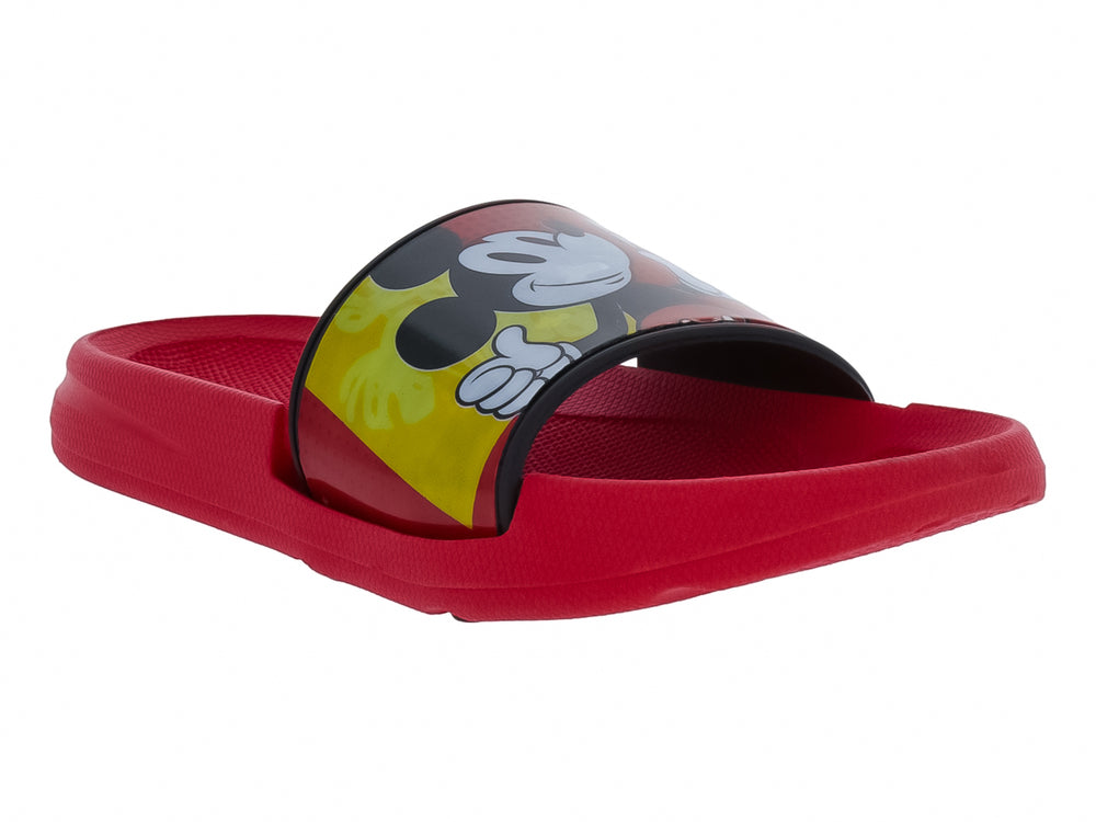 Sandalia roja tipo slide con estampado de Mickey Mouse en la banda.