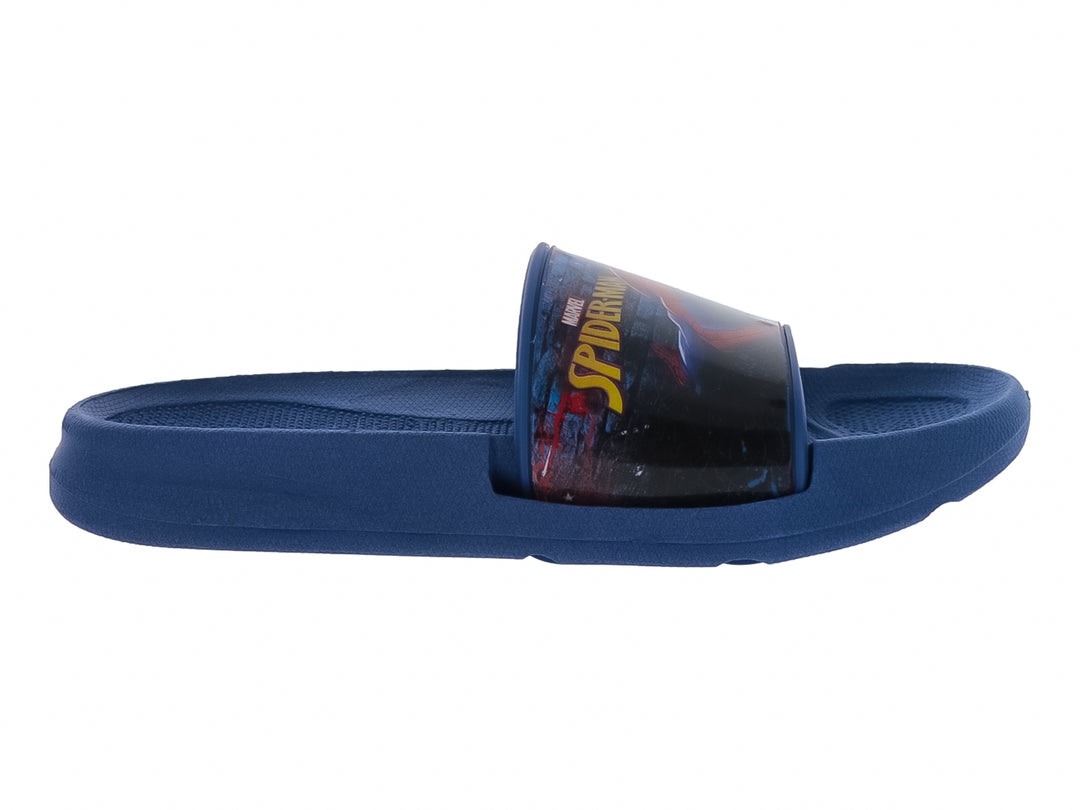 Sandalia slide color azul con estampado de Spider-Man en la banda superior.