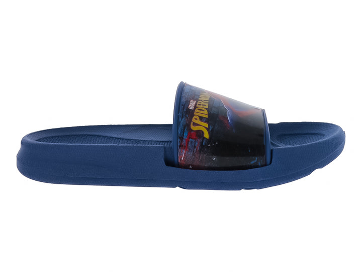 Sandalia slide color azul con estampado de Spider-Man en la banda superior.