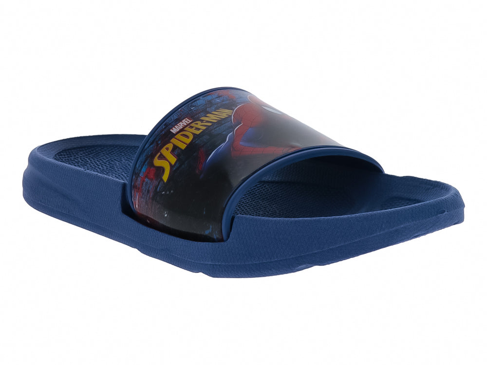 Sandalia slide color azul con estampado de Spider-Man en la banda superior.