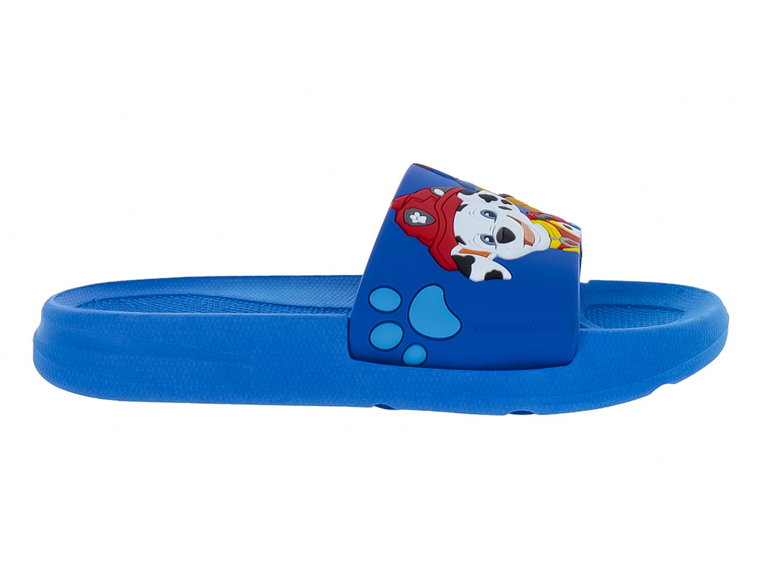Sandalia azul tipo slide para niños con estampado de personaje animado en la correa.