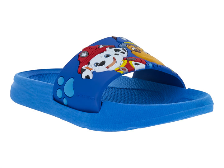 Sandalia azul tipo slide para niños con estampado de personaje animado en la correa.