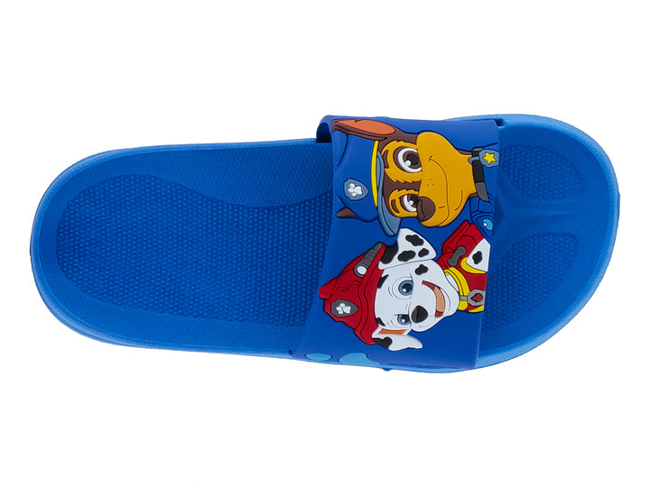Sandalia azul tipo slide para niños con estampado de personaje animado en la correa.