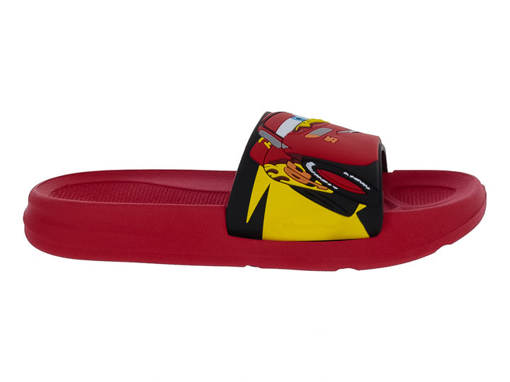 Sandalia roja para niño con diseño gráfico colorido en la banda superior.