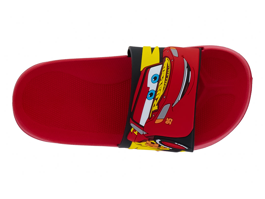 Sandalia roja para niño con diseño gráfico colorido en la banda superior.