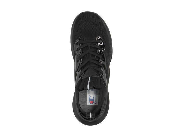 Tenis deportivos Champion color negro con suela ancha y detalles brillantes, diseñados para niños.