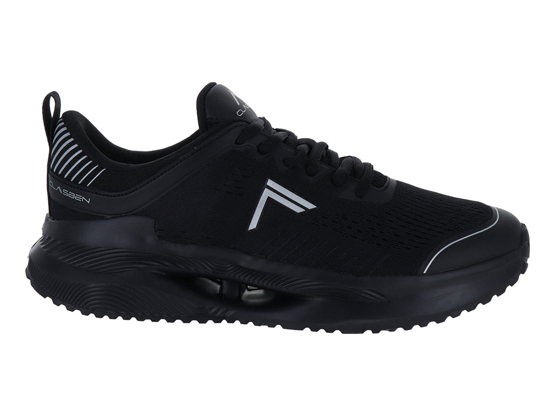 Tenis deportivos Clasben color negro con detalles en gris y suela robusta.