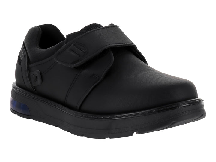 Zapato infantil negro con correa de velcro y detalle azul en la suela.
