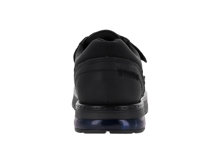 Zapato infantil negro con correa de velcro y detalle azul en la suela.