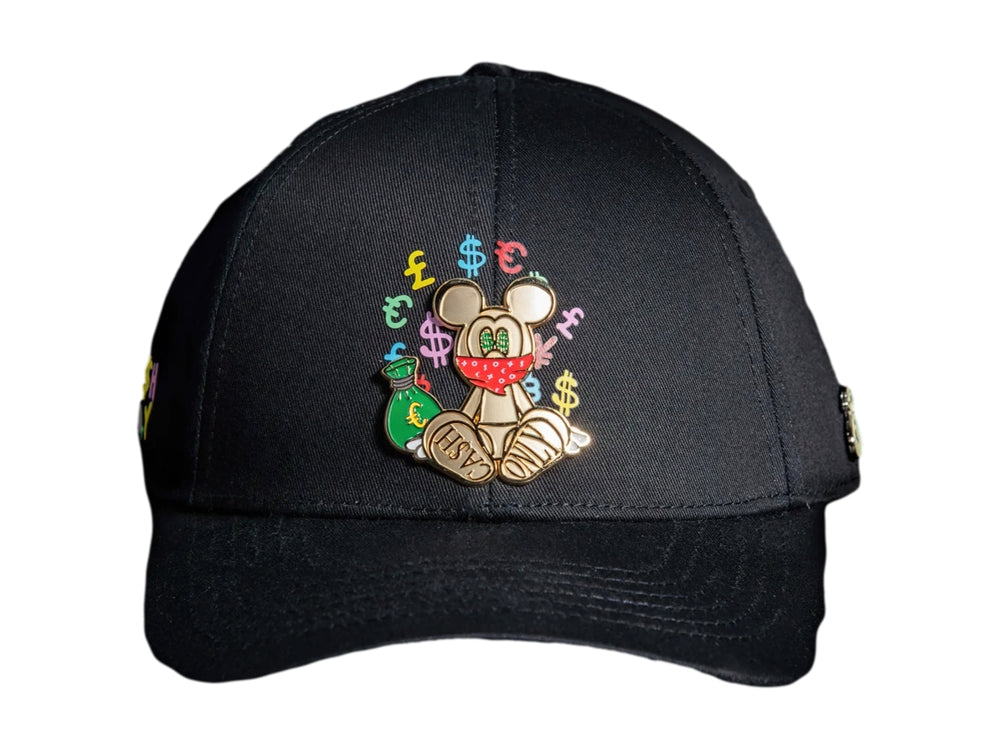 Gorra snapback negra con bordado frontal de un personaje dorado y símbolos de moneda coloridos.