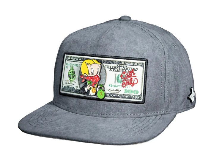Gorra snapback color gris con un parche frontal rectangular que muestra una ilustración temática de billete de dólar.