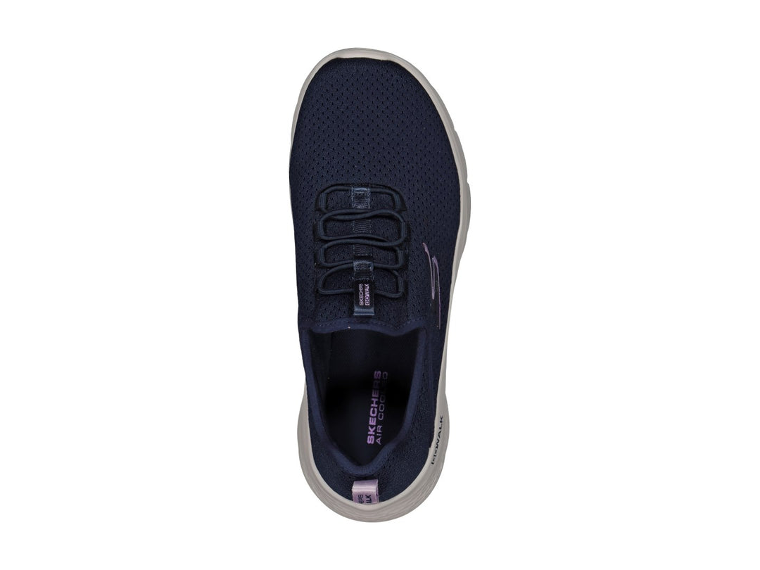 Tenis deportivos Skechers color azul marino con suela blanca y detalles en lavanda.