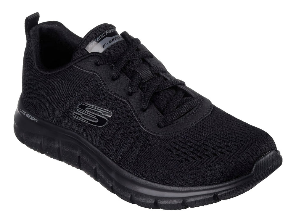 Tenis deportivos Skechers color negro con suela flexible y tejido transpirable.