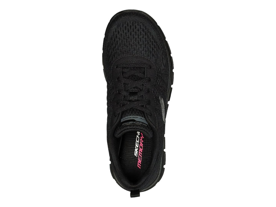 Tenis deportivos Skechers color negro con suela flexible y tejido transpirable.