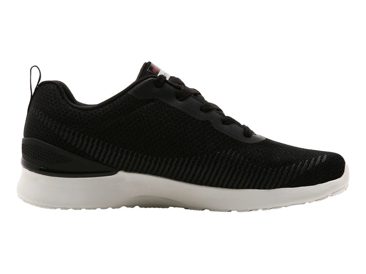Tenis deportivos Skechers color negro con suela blanca y detalles en malla.