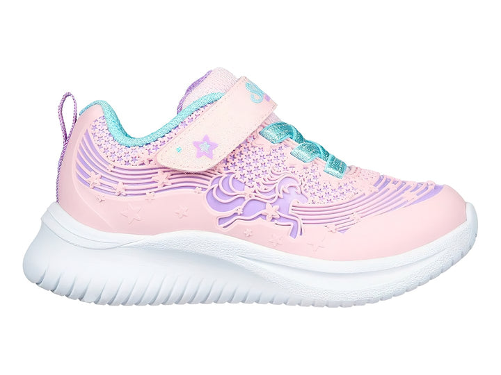 Tenis deportivos SKECHERS para Niña en color rosa con diseño de unicornio y suela blanca.