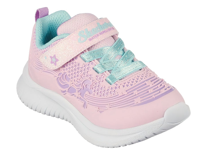 Tenis deportivos SKECHERS para Niña en color rosa con diseño de unicornio y suela blanca.