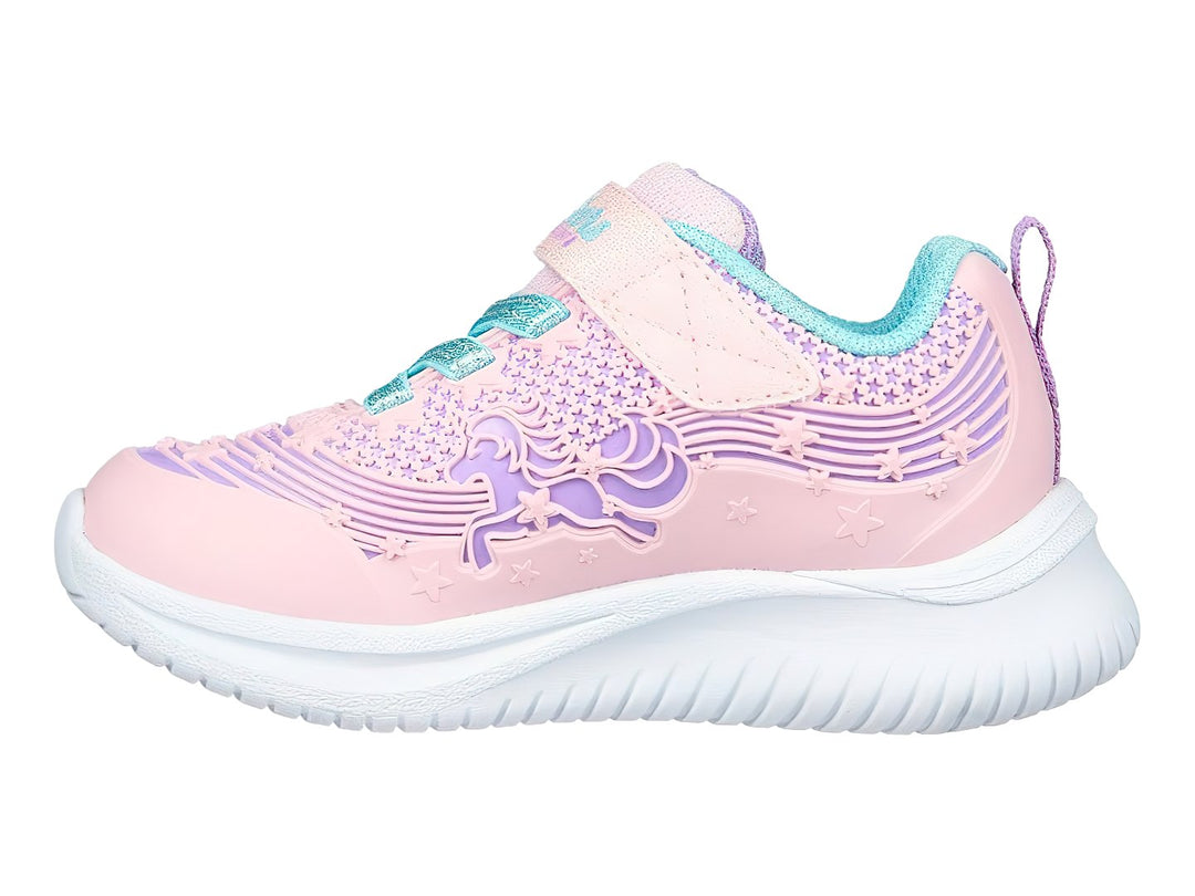Tenis deportivos SKECHERS para Niña en color rosa con diseño de unicornio y suela blanca.